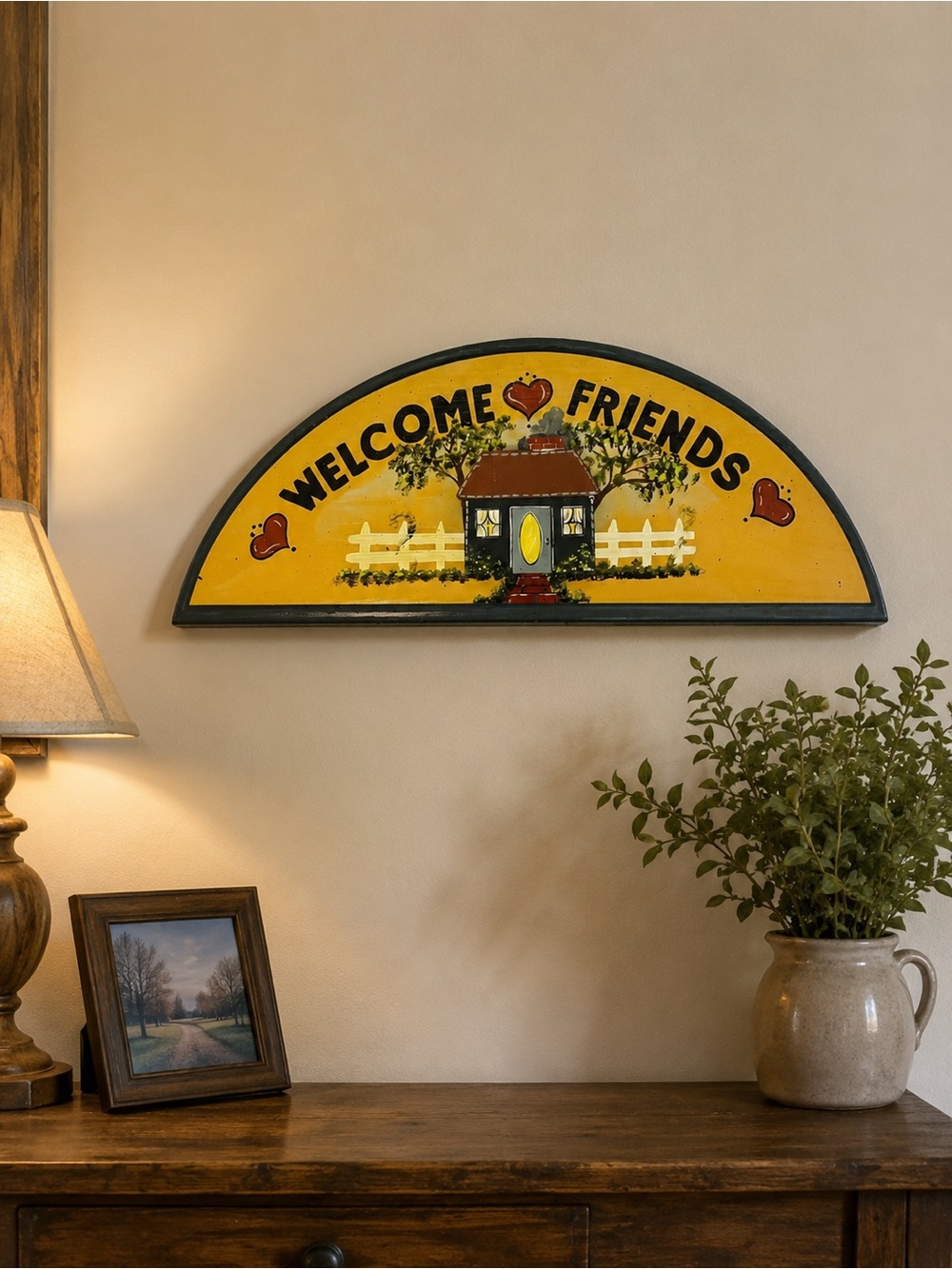 Welcome Friends Cottagecore Wall Sign 80s Country Heart Accents Hand Painted